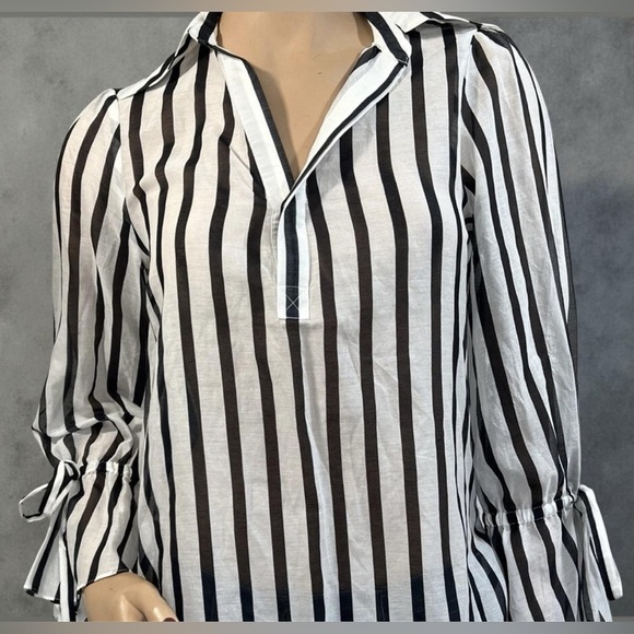 Alice & Olivia Geraldine Bow Tie Sleeve Striped Collared Tunic Top Size Small - Picture 4 of 7